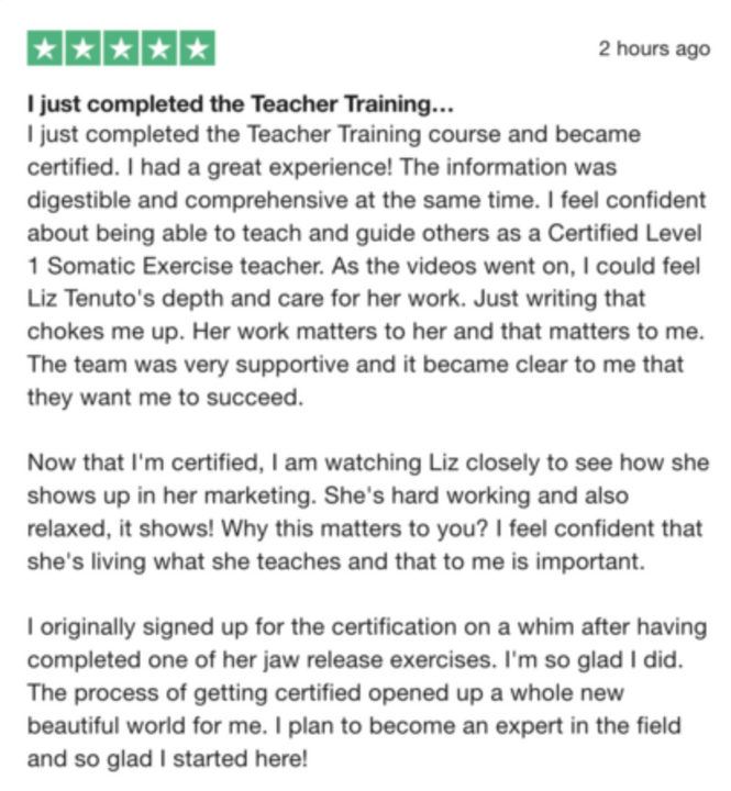 Somatic teacher training online student review.