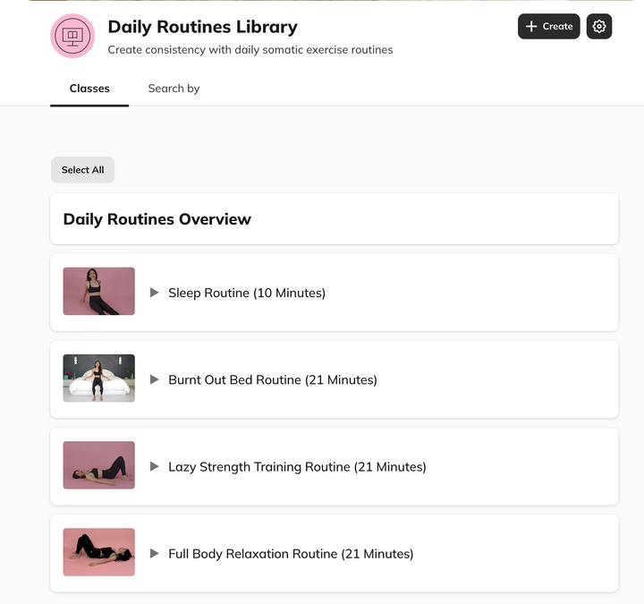 Daily routines somatic exercise library inside The Workout Witch app.